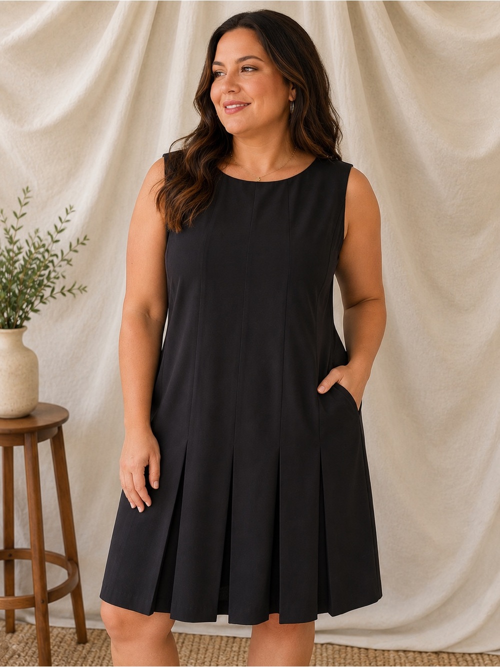 Jones New York Classic Black Sleeveless Pleated Dress